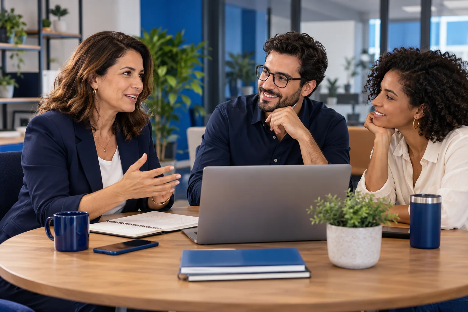 Consultora conversa com empreendedores sobre um projeto comercial.