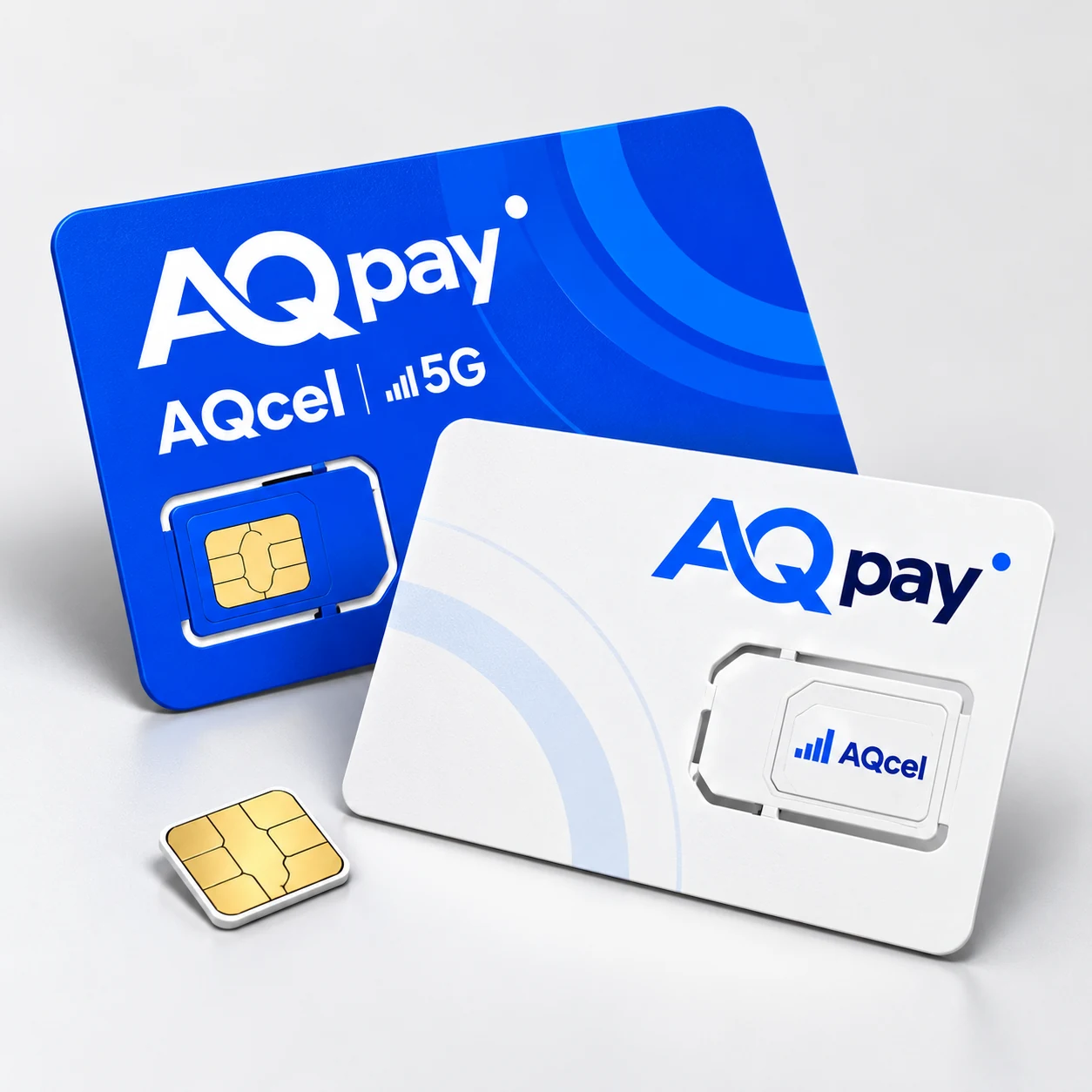 Chips físicos AQpay e AQcel para acesso à telefonia móvel.