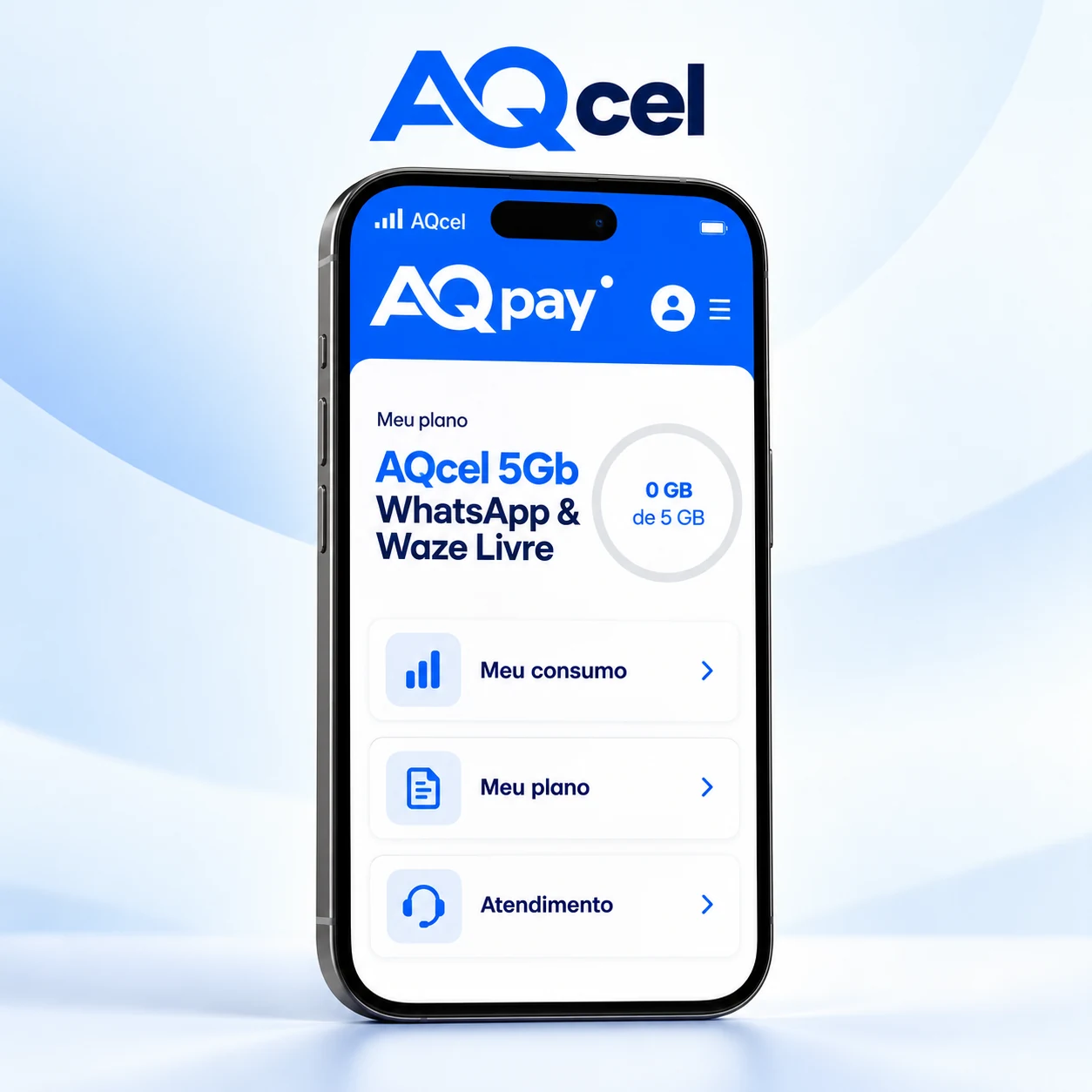 Interface ilustrativa do aplicativo AQpay para acompanhamento do plano AQcel.