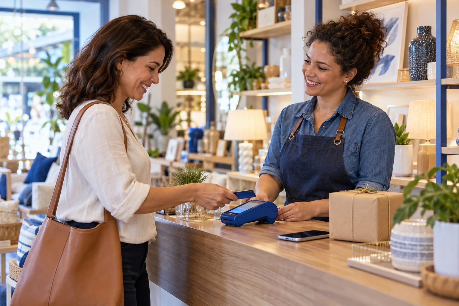 Comerciante atende uma cliente com maquininha e celular sobre o balcão.