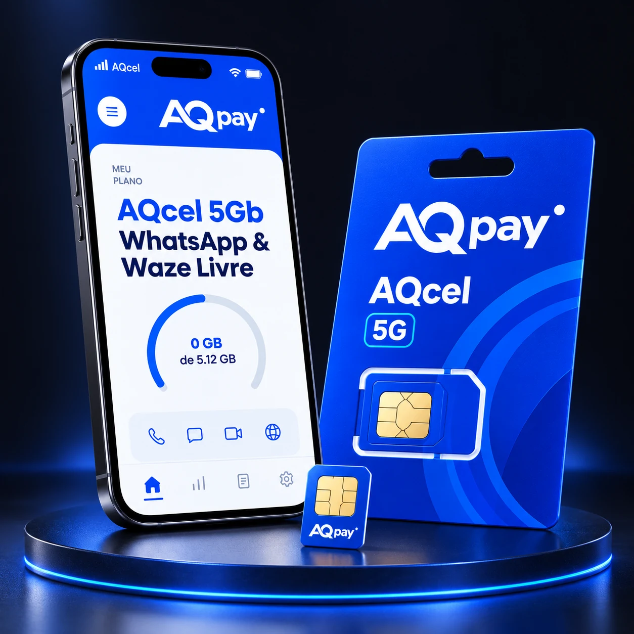 Smartphone e chip AQcel apresentados com a identidade visual azul da AQpay.