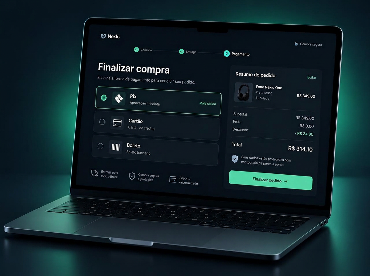 Notebook com loja virtual na tela de pagamento mostrando as opções Pix, Cartão e Boleto